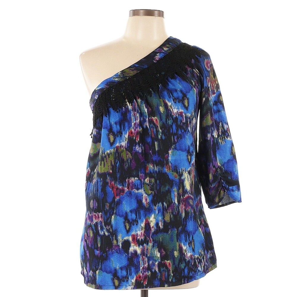 ANGIE Top Women L Blue One Shoulder Asymmetric Blouse 3/4 Slv Regency Boho